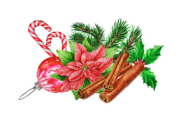 New Year and Christmas composition of fir branches, cinnamon sticks, Christmas decorations, poinsettia, holly leaves and berries, candy canes. Watercolor illustration.