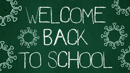 CORONAVIRUS / SCHOOL START background banner - Green school blackboard, with the words " welcome back to school " white handwriting font and virus symbol