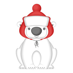 Cute cartoon polar bear in hat with earflaps. Isolated on white background. Cartoon style. Vector illustration.
