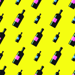 wine bottles seamless pattern on yellow background