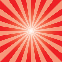 Red sunburst background template. Rectangular recto backdrop. Sun rays pattern. Candy apple red color sunbeam background design for various purposes.	