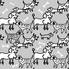 Seamless pattern with dogs. Children's coloring, meditative coloring. Chihuahua, Rottweiler and Labrador. Meditative pattern. Dots, stripes, wool.