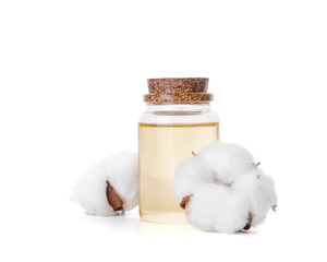 Bottle of cottonseed oil on white background