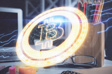 Crypto theme hologram with glasses on the table background. Concept of blockchain. Double exposure.