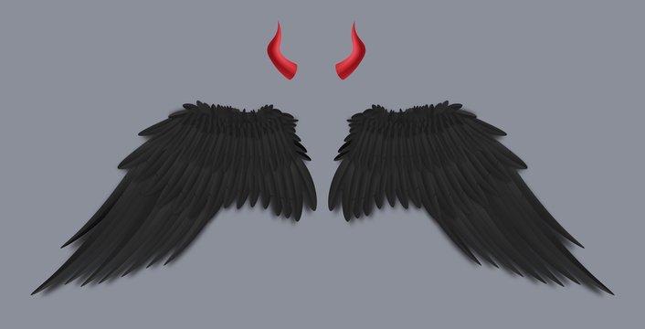 Template of devil black wings and horns realistic vector illustration isolated.
