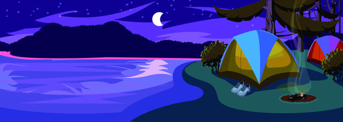Tent night camping tourist forest mountain expedition outdoor landscape background flat horizontal vector illustration