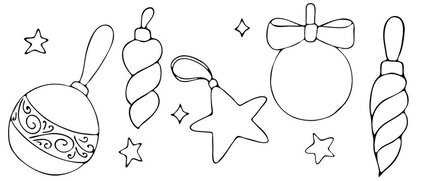 set of Christmas tree decorations for new year and christmas - balls, icicles, star, cute winter doodles, coloring book, vector set of elements in doodle style