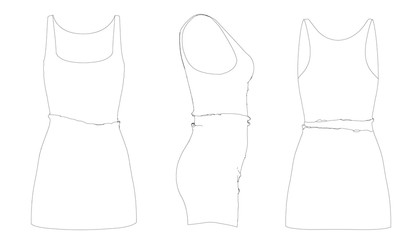 Set with an outline of a short fitted dress. Front, side and back views. Vector illustration