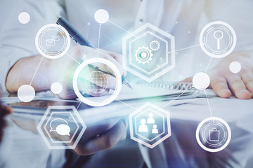 Man's hands working with notes background. Social networking concept.