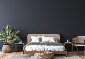 Dark bedroom interior mockup, wooden rattan bed on empty dark wall background, Scandinavian style, 3d render - obrazy, fototapety, plakaty