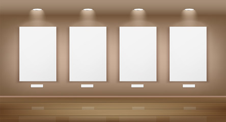 Template of gallery with white blank pictures realistic vector illustration.