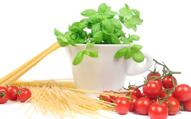 Typical italian food. spaghetti, tomatoes and basil