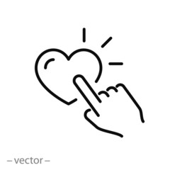 click finger on the heart icon, pushing like, thin line love symbol on a white background, editable stroke vector illustration eps10