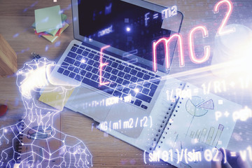 Student or teacher with mathematical and scientific formulas. Concepts of education.