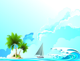 Fototapeta na wymiar Luxury yacht sailing to remote desert island with high ocean waves set against a blue cloudy sky