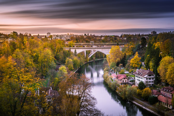 Beautiful city landscape top view of Bern Switzerland by sunset against sky