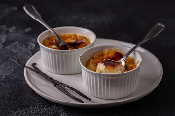 Creme brulee. French vanilla cream dessert with caramelised sugar.