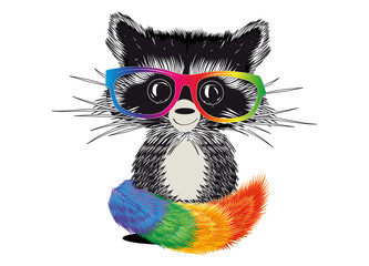 Waschbär mit Brille in Regenbogen Farben