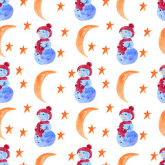 New Year watercolor illustration seamless pattern on white background. For printing postcards, fabric and wrapping paper