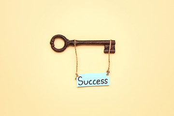 Key with word SUCCESS on color background