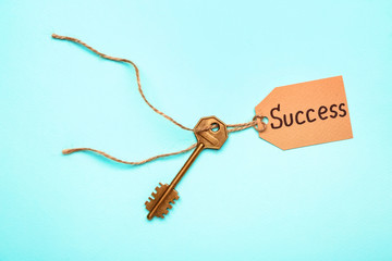 Key with word SUCCESS on color background