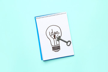 Notebook with drawn light bulb and key on color background