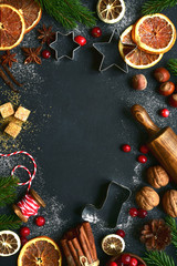 Christmas baking background with ingredients for making cake or biscuit. Top view with copy space.