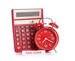 Alarm clock with calculator on white background. Concept of tax deadline