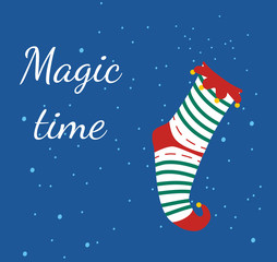 Striped elf sock or stocking with ruffles and bells.Merry Xmas and Happy New Year 2021 gift card.Traditional festive Christmas colors.Magic winter time for family reunion.Special offer coupon or flyer