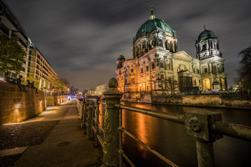 Beautiful night landscape back view of Berlin Cathedral Germany by long shutter speed style