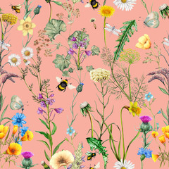 Seamless pattern of hand drawn garden flowers,plants and insects