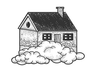 flying house in the clouds sketch engraving vector illustration. T-shirt apparel print design. Scratch board imitation. Black and white hand drawn image.