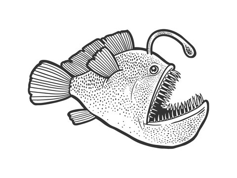 angler deep sea fish with light sketch engraving vector illustration. T-shirt apparel print design. Scratch board imitation. Black and white hand drawn image.