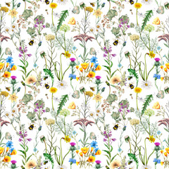 Seamless pattern of hand drawn garden flowers,plants and insects