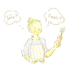 ナチュラルタッチ　手描き　真剣に野菜を選ぶエプロンの女性