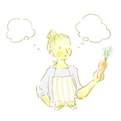 ナチュラルタッチ　手描き　真剣に野菜を選ぶエプロンの女性