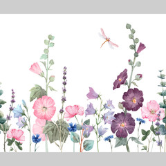 Beautiful vector horizontal seamless floral pattern with watercolor summer mallow flowers. Stock illustration.