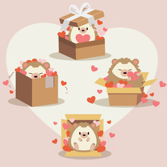 The collection of cute hedgehog in the paper box with a lot of heart on the pink background with big heart. The character of cute hedgehog sitting in the paper box in flat vector style.