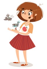 Little girl feeds the birds from hands