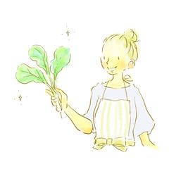 ナチュラルタッチ　手描き　新鮮な野菜に満足するエプロンの女性