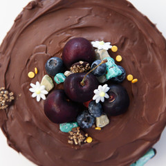 Tasty chocolate fudge cake with fresh cherry for decoration