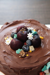 Tasty chocolate fudge cake with fresh cherry for decoration