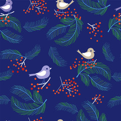 Christmas seamless pattern with birds, cute retro design. Vector graphic illustration - 374122796
