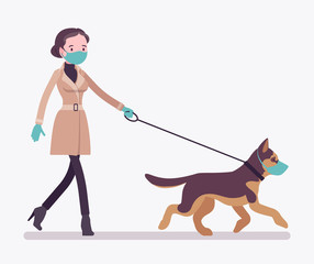 Woman walking with dog under quarantine both wearing masks. Pet owner taking puppy for walk, following infection protection measures and restrictions from virus. Vector flat style cartoon illustration