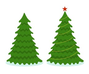 Christmas tree with or without decorations. Before and after. Decorating a festive party. New Year celebration. Flat cartoon vector illustration on light blue background