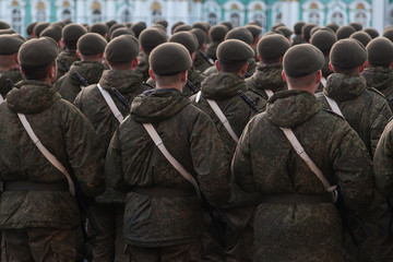 Russian soldiers before the Victory Day parade on Palace Square in St. Petersburg