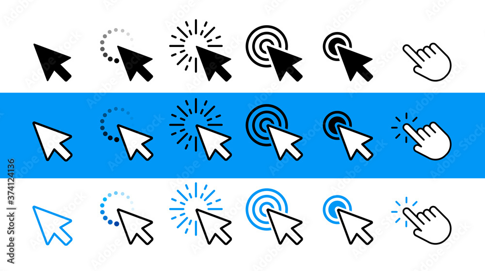 Poster computer mouse click cursor black, white and blue arrow icons set. vector