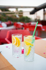 Two cocktails gin tonic with lemon and orange in a glass with a green tube on a table in a restaurant with a red background. Alcohol. Drink. Relax. Weekend.