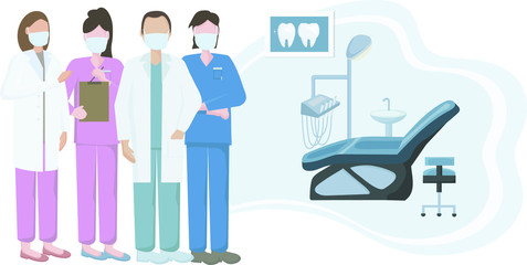 A team of dentists in uniform, and medical masks to protect against viruses and infection. In a dentist's office with a special medical chair and instruments. Information banner for the dental clinic.