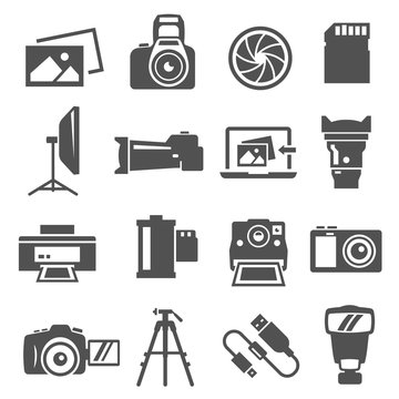 Photo equipment, camera accessories bold black silhouette icons set isolated on white.